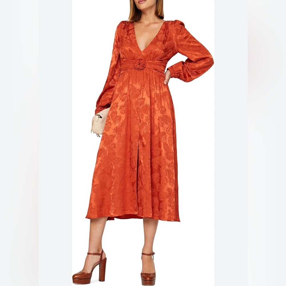 Love Whit Plunging Neckline Burnt Orange Jacquard Midi Dress   Medium   Preloved